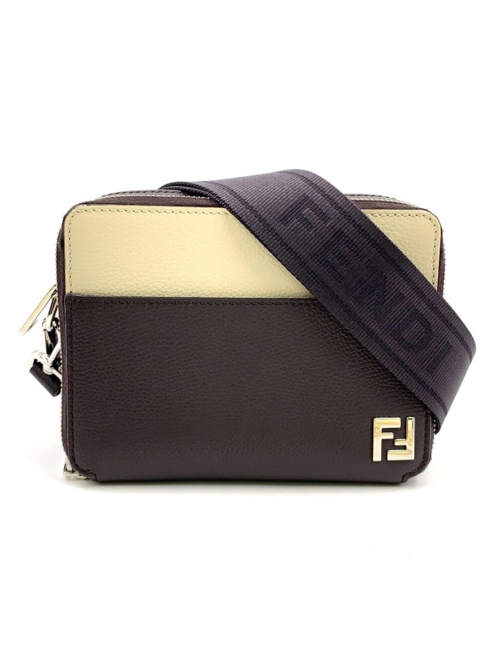 Fendi Square FF Camera Calfskin Ivory Brown Shoulder Bag Silver 7